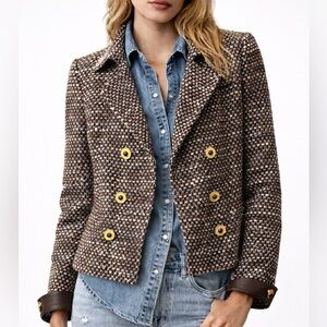 STUNNING!🔥 St John Knit Cropped Sweater Jacket w/Leather Cuffs Size 8